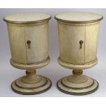 Pair of Mid 20th Century Distress Painted One Door Pedestal Drum Tables/Nightstands. Unsigned.