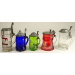 Collection of Five (5) Antique Glass and Pewter Steins. Various Sizes and motifs. Unsigned.