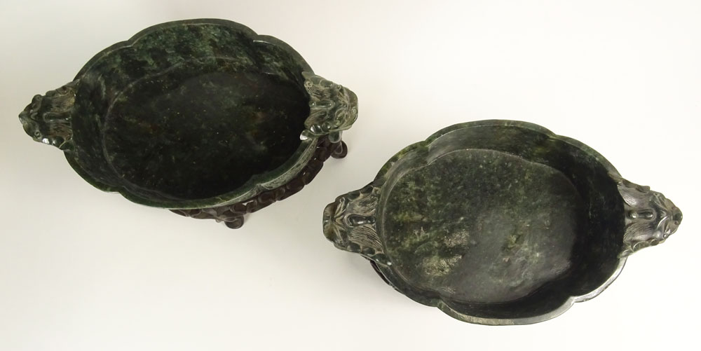 Pair of Large Antique Chinese Carved Spinach Jade Wedding Bowls on Carved Hardwood Stands. Figural - Image 3 of 6