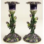 Pair of Jay Strongwater Style Jeweled and Enameled Candlesticks. Wax remnants or in Good