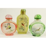 Lot of Three (3) 20th Century Chinese Inside Painted Glass Snuff Bottles. Unsigned. Good