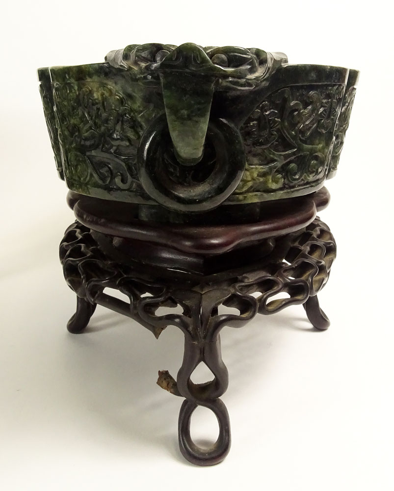 Pair of Large Antique Chinese Carved Spinach Jade Wedding Bowls on Carved Hardwood Stands. Figural - Image 5 of 6