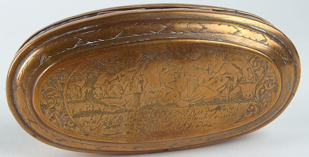 18/19th Century Dutch Engraved Copper Tobacco Box. Old Repairs/Losses to Hinge. Good Antique - Image 2 of 5