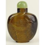 Early 20th Century Chinese Cat's Eye Hardstone Snuff Bottle. Carved with Birds and lotus Motif.