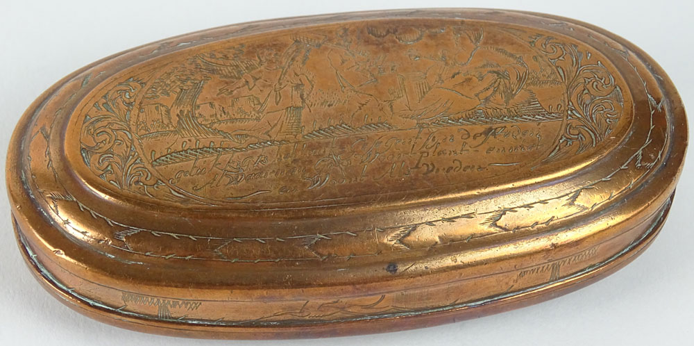 18/19th Century Dutch Engraved Copper Tobacco Box. Old Repairs/Losses to Hinge. Good Antique