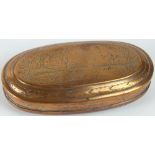18/19th Century Dutch Engraved Copper Tobacco Box. Old Repairs/Losses to Hinge. Good Antique
