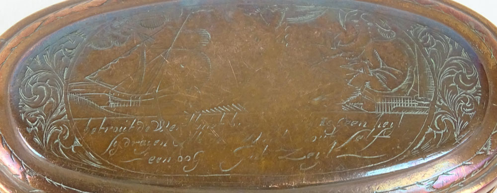 18/19th Century Dutch Engraved Copper Tobacco Box. Old Repairs/Losses to Hinge. Good Antique - Image 3 of 5