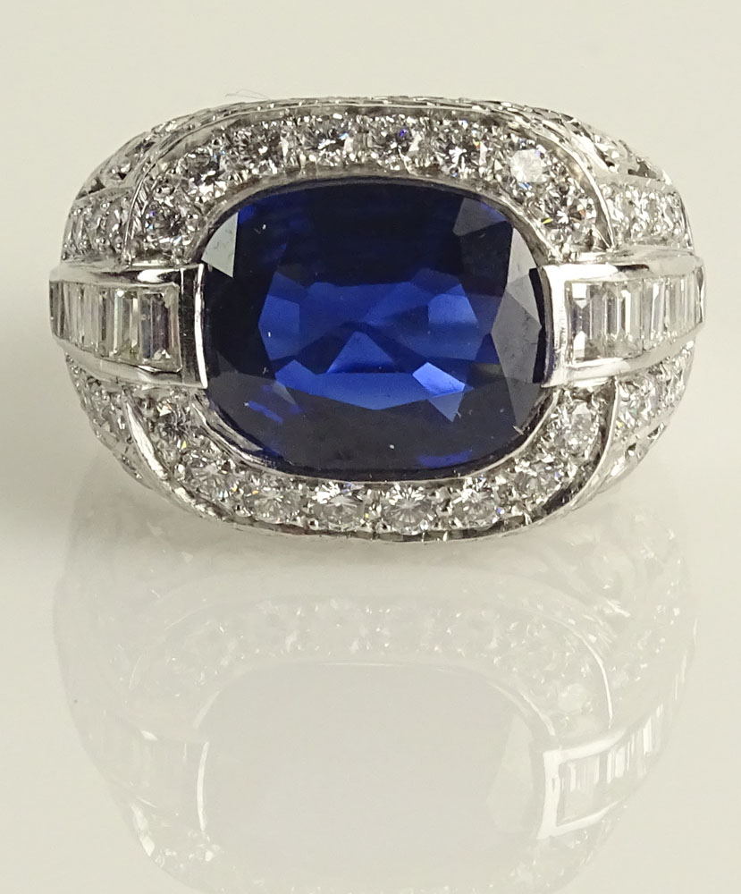 Lady's Fine Quality approx. 5.20 Carat Oval Cut Sapphire and Platinum Ring Accented with Round Cut