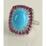 Lady's Persian Turquoise, approx. 1.30 Carat Ruby, .30 Carat Diamond and 18 Karat White Gold Ring.