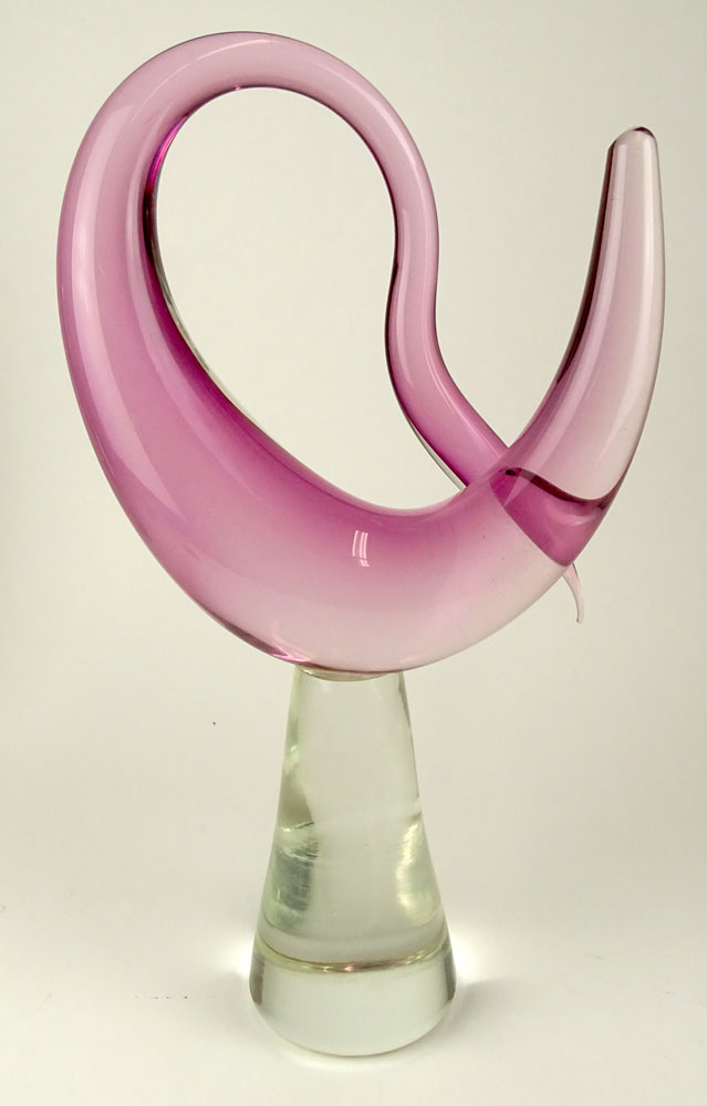 Large Vintage Murano or Ogetti Art Glass Stylized Bird. Light Wine Color Bird Applied to a Clear - Image 3 of 3