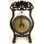 Antique Chinese Bronze Gong on Carved Hardwood Frame. Signed with Character Marks to Back. Wear,