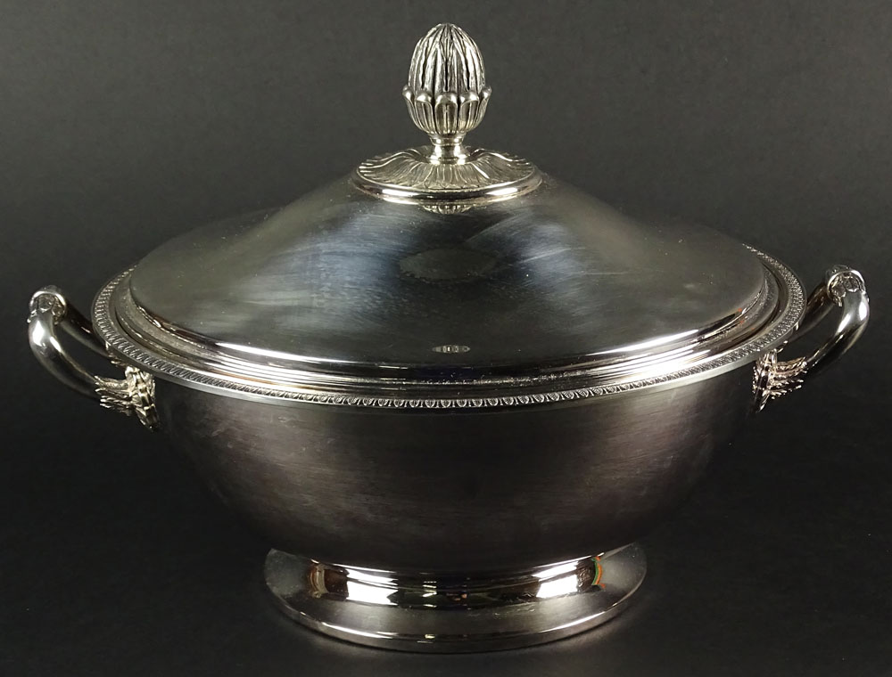 Christofle Silver Plate "Malmaison" Covered Round Serving Bowl. Signed Christofle. Good Condition.