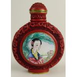 19/20th Century Chinese Carved Cinnabar and Enameled Snuff Bottle. Signed on Bottom. Good Condition.