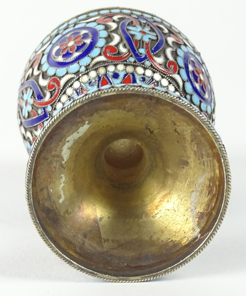 20th Century Russian Champlevé Enamel Silver Pedestal Egg Box. Signed 84 and Maker's Mark MP. Good - Image 2 of 4