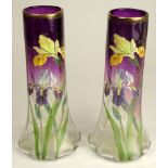 Pair of Art Nouveau Possibly Mont Joye Hand Painted Glass Vases. Beautiful Irises Motif on Purple to