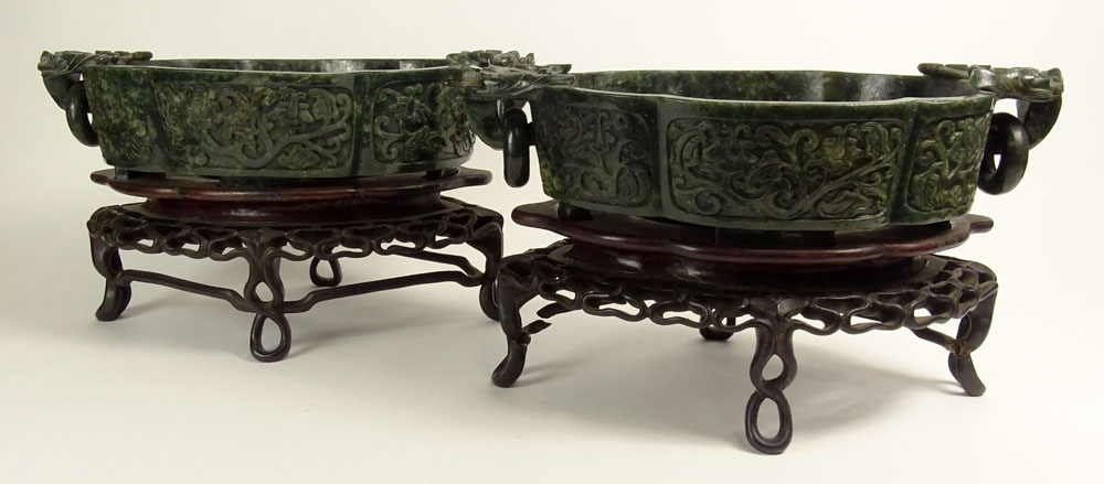 Pair of Large Antique Chinese Carved Spinach Jade Wedding Bowls on Carved Hardwood Stands. Figural - Image 2 of 6