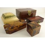 Collection of Five (5) Wood Boxes, Two with Crackled Veneer, one Burled Wood, 2 Chinese Trunk