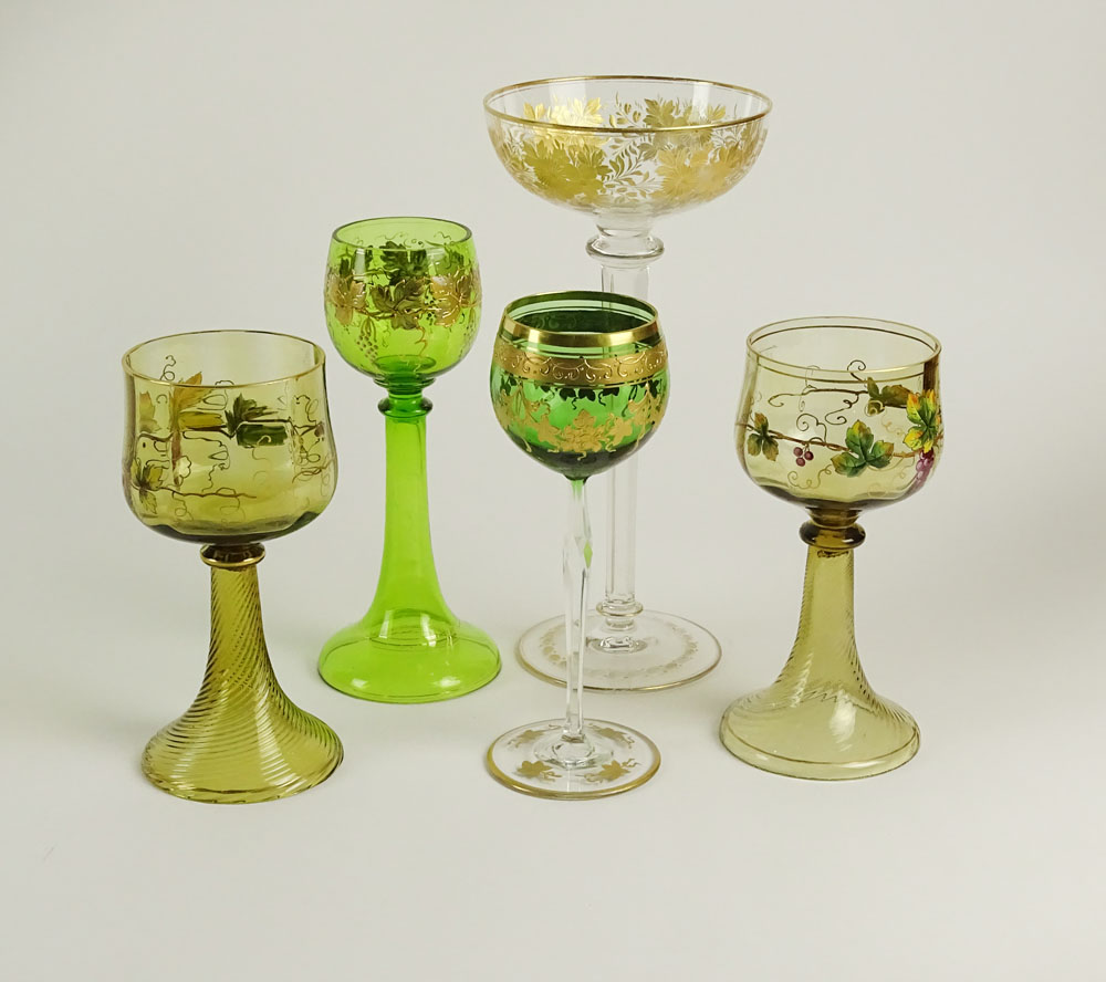 Lot of Five (5) Hand Painted Vintage German Roemer Goblets. Various Sizes and Motifs. Unsigned.