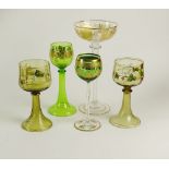 Lot of Five (5) Hand Painted Vintage German Roemer Goblets. Various Sizes and Motifs. Unsigned.