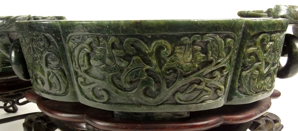 Pair of Large Antique Chinese Carved Spinach Jade Wedding Bowls on Carved Hardwood Stands. Figural - Image 4 of 6