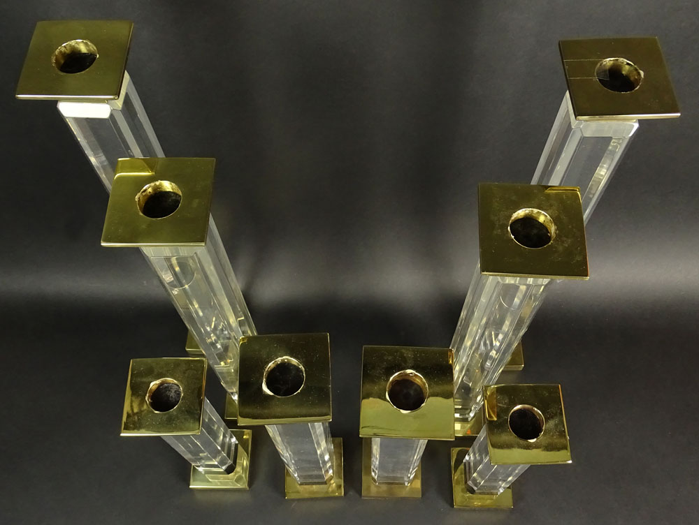 Charles Hollis Jones Eight (8) Piece Suite of Pedestal Style, Beveled Lucite and Brass Candlesticks. - Image 2 of 2