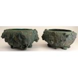 Vintage Patinated Bronze Lions Head Garden Pots. Unsigned. Good condition consistent with outdoor