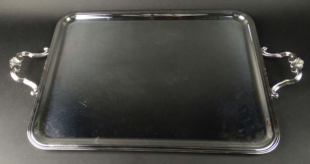 Christofle Silver Plate Rectangular Tray With handles. Signed Christofle France. Original Anti-