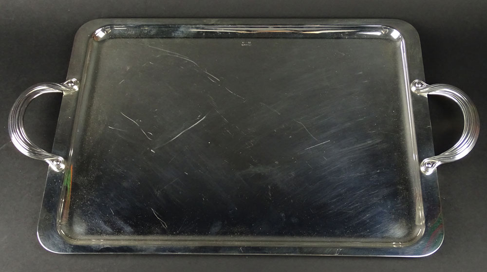 Christofle Silver Plate rectangular Tray With Handles. Signed Christofle France. Light Surface