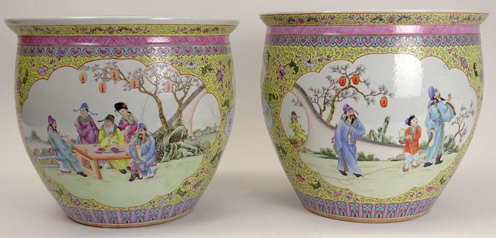 Pair of Mid Century Chinese Hand Painted Porcelain Jardinières. Unsigned. Both with Hairline Cracks.