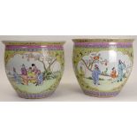 Pair of Mid Century Chinese Hand Painted Porcelain Jardinières. Unsigned. Both with Hairline Cracks.