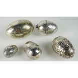 Collection of Five (5) Russian Silver Eggs/Boxes. One Signed SM, One Unmarked, Two Marked Illegibly.