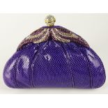 Retro Finesse, La Model Purple Karung Skin Clutch Evening Bag With Crystal Accents. Goldtone