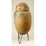 Pre-Colombian Terra Cotta Funeral Urn. Egg Shaped Body with Stylized Human Head Lid. Possibly