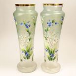 Pair of Mont Joye Style Enameled Glass Vases. Parcel Gilt Rims with Frosted Green to white Glass and