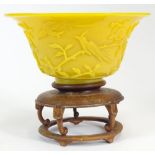 Chinese 19th Century Imperial Yellow Peking Glass Bowl with Carved Bird and Flowering Branch