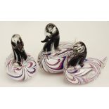 Set of Three (3) Rossetti Murano Art Glass Matching Graduated Ducks. White Ground with Purple Blue