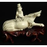 Antique Chinese Carved Ivory Figure on Hardwood Stand. "Recumbent Ox With Figure. Signed on Bottom