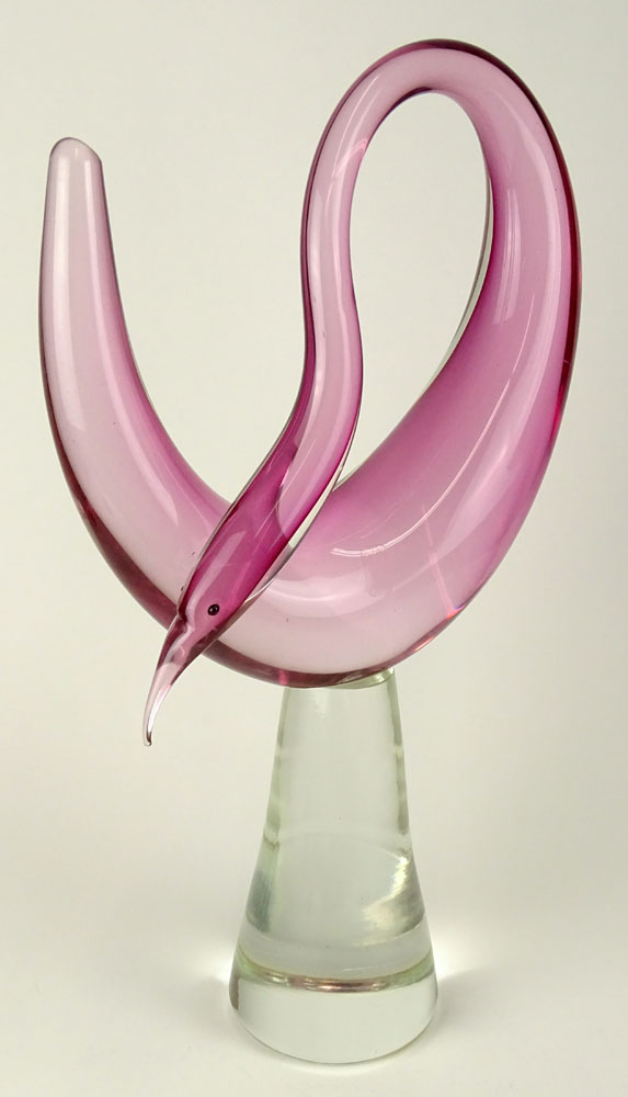 Large Vintage Murano or Ogetti Art Glass Stylized Bird. Light Wine Color Bird Applied to a Clear