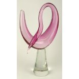 Large Vintage Murano or Ogetti Art Glass Stylized Bird. Light Wine Color Bird Applied to a Clear