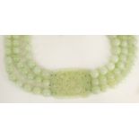 Chinese Three Strand Celadon Jade Bead Necklace with Carved Celadon Jade Panel (later added