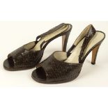 From a Palm Beach Socialite, A Pair of Women's Chanel Dark Brown Snakeskin Sling back Sandals.