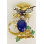 Charming Van Cleef and Arpels style Hand Made 18 Karat Yellow and White Gold Cat Brooch with Small