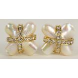 Fine Quality Pair of Lady's X Shape Mother of Pearl, 14 Karat Yellow Gold and Diamond Earrings.