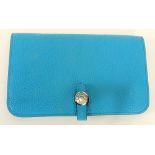 Hermes Dogon Bi Fold Wallet in Turquoise Togo Leather. Made in France. Gently Used Condition, Slight