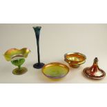 Lot of Five (5) Pieces Antique Tiffany Favrile Iridescent Art Glass. This Lot includes: Bud Vase,
