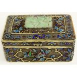 Mid 20th Century Chinese Silver Box, Embellished with Enamel Decoration and Inset Mottled Green