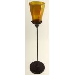 Arts & Crafts Tiffany Style, Bronze and Iridescent Glass Candlestand. Unsigned. Slight Bend to