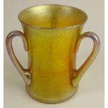 Antique Tiffany Favrile Iridescent Glass Three Handled Loving Cup. Cut Pontil Bottom. Signed L.C.