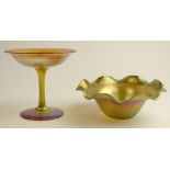 Lot of Two (2) Pieces of Antique Quezal Iridescent Art Glass. One a Bowl with Ruffled Rim, 2-1/2