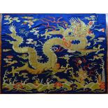 Large Antique Chinese Embroidered Silk Textile. Intricate Colorful Dragon on Deep Blue Ground.